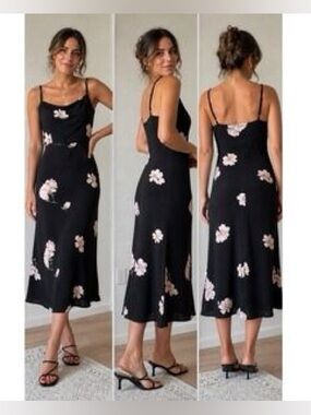 Reformation Black Floral Slip Dress with Pink Blooms size 8 (fits like a 2 or 4)
